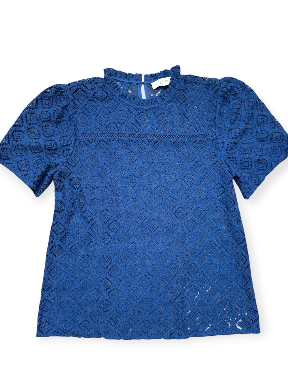 LOFT Blue Lace Mock Neck Puff Sleeve Blouse Size Medium